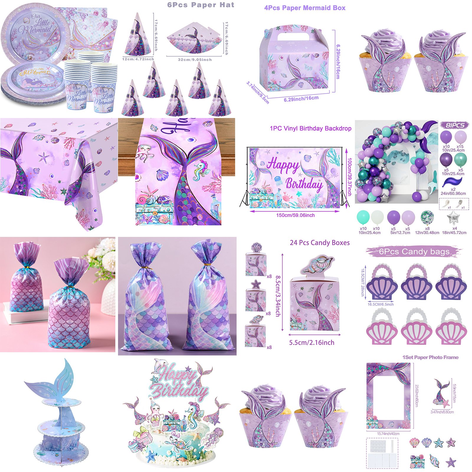 Little Mermaid Happy Birthday Decorations Set Disposable Paper Plates Tablecloth Happy Birthday Cake Topper Banners Backdrop