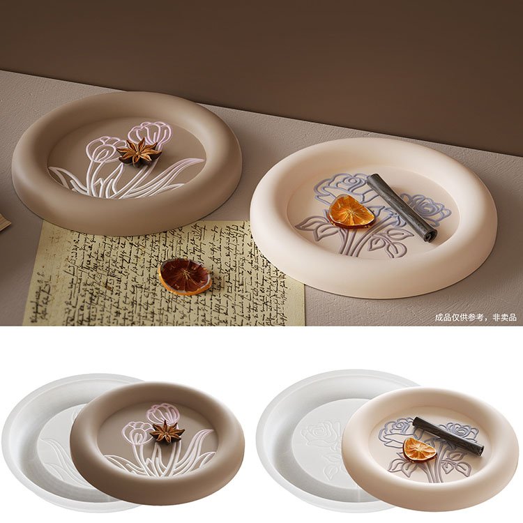 YS Tulip Flower Tray Silicone Mold Jewelry Display Pan Resin Molds Round Rose Floral Relief Candle Tray Home Plate Gypsum Mould