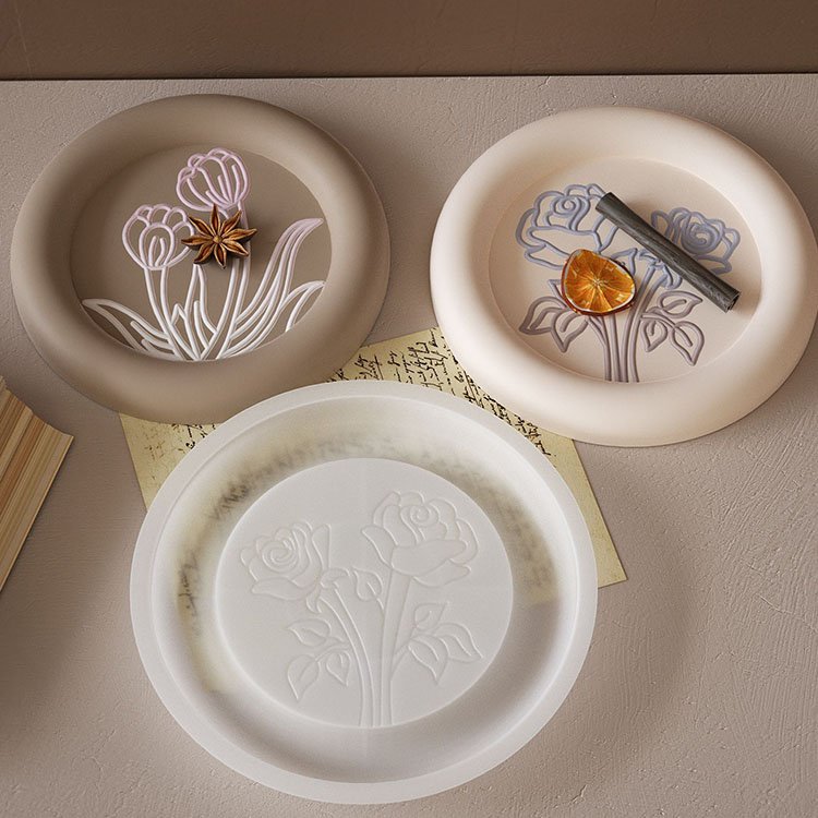YS Tulip Flower Tray Silicone Mold Jewelry Display Pan Resin Molds Round Rose Floral Relief Candle Tray Home Plate Gypsum Mould