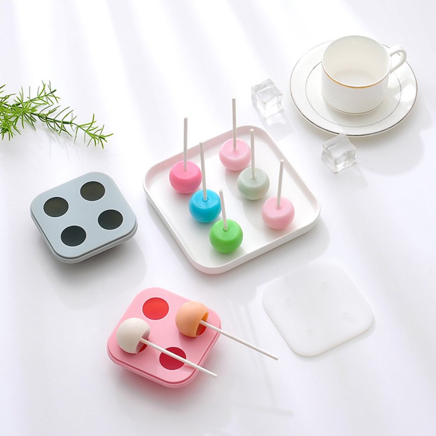 4 Cavities Round Shape Lollypop Molds Nonstick Silicone Homemade Candy Chocolate Cookie Making Mould With Sucker Sticks