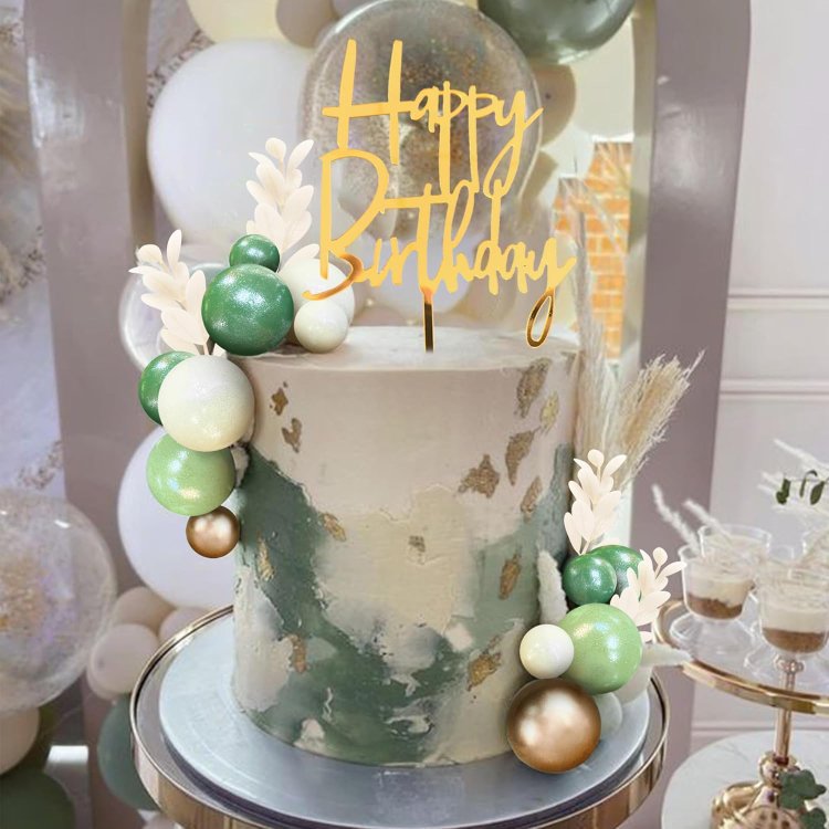 Pearlescence Green White Balls Cake Topper Boho Grass Cake Decorations for Wedding Baby Shower Birthday Party Supplies