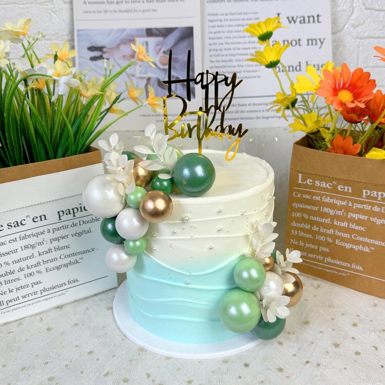 Pearlescence Green White Balls Cake Topper Boho Grass Cake Decorations for Wedding Baby Shower Birthday Party Supplies