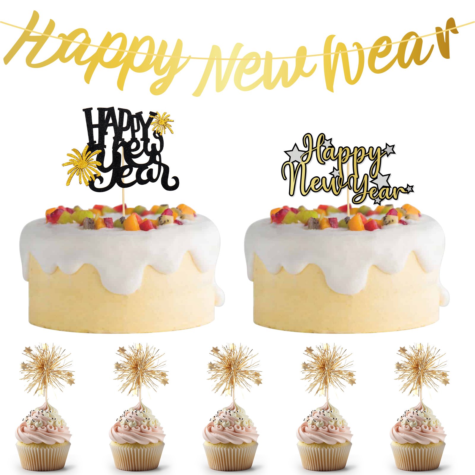 8pcs Foil Firework Cupcake Toppers Happy New Year Banner Wedding Birthday Party cake Decoration Theme Cupcake Toppers Sets