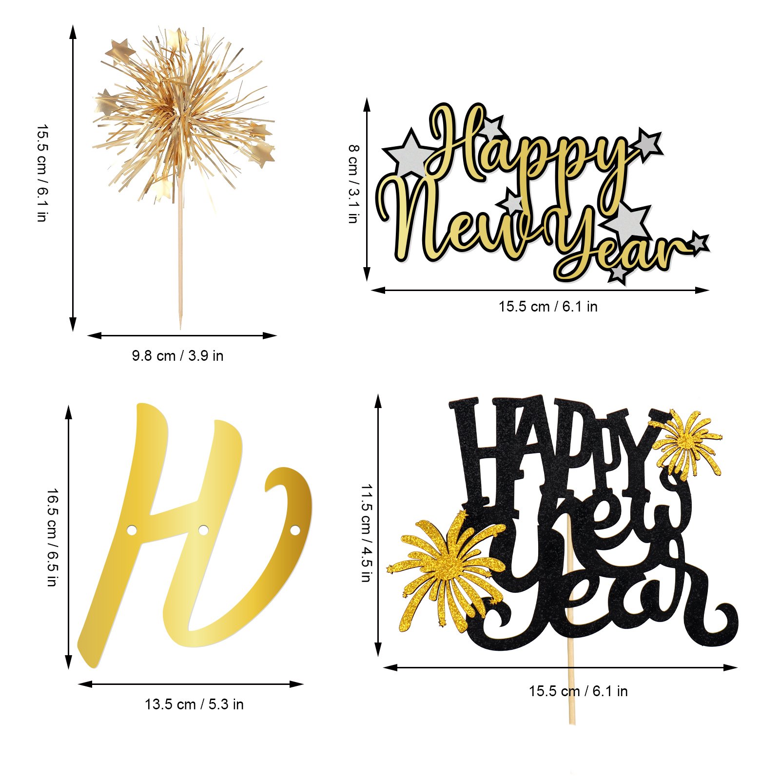 8pcs Foil Firework Cupcake Toppers Happy New Year Banner Wedding Birthday Party cake Decoration Theme Cupcake Toppers Sets