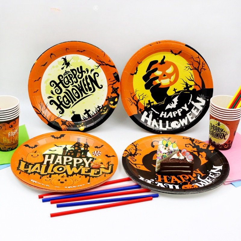 Factory Price 9inches Disposable Halloween Pumpkin Paper Dishes Plates Tableware Halloween Party Supplies Decor Paper Cake Plate