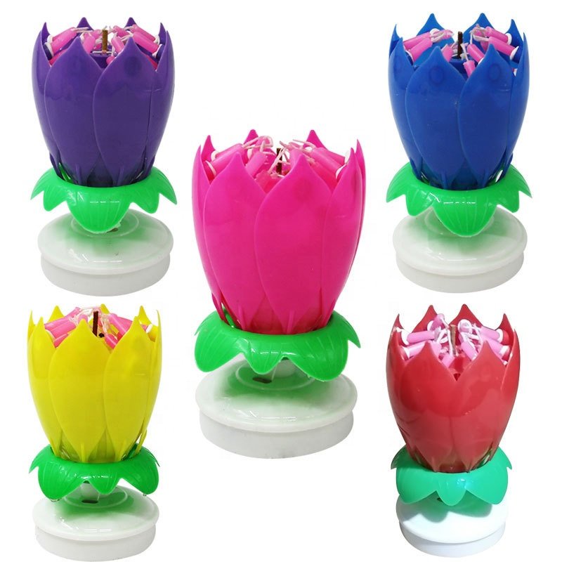 Party decoration birthday cake rotatable lotus will spread music candles