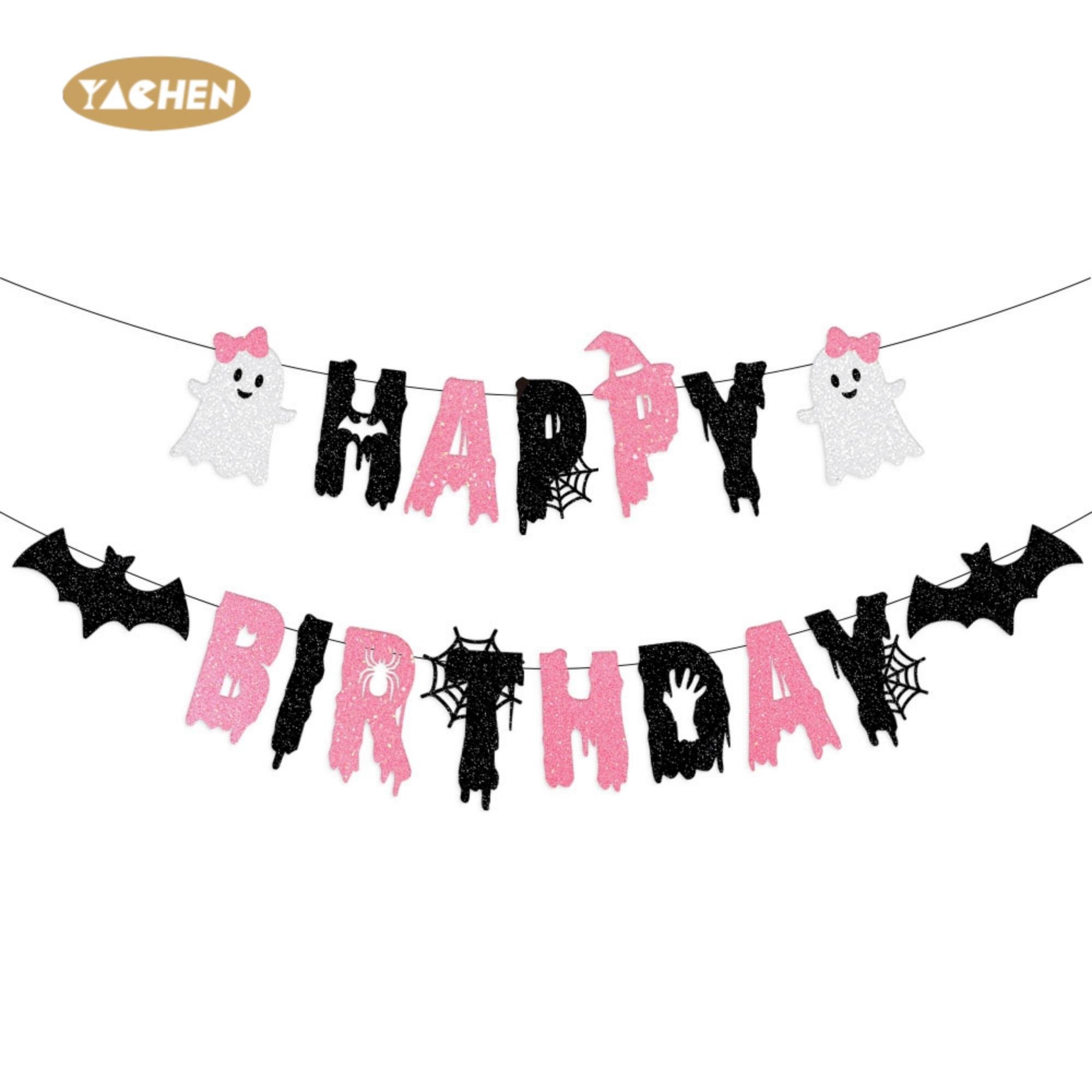 Yachen new arrival halloween theme birthday party decoration supplies pink black glitter happy birthday banner spider garland