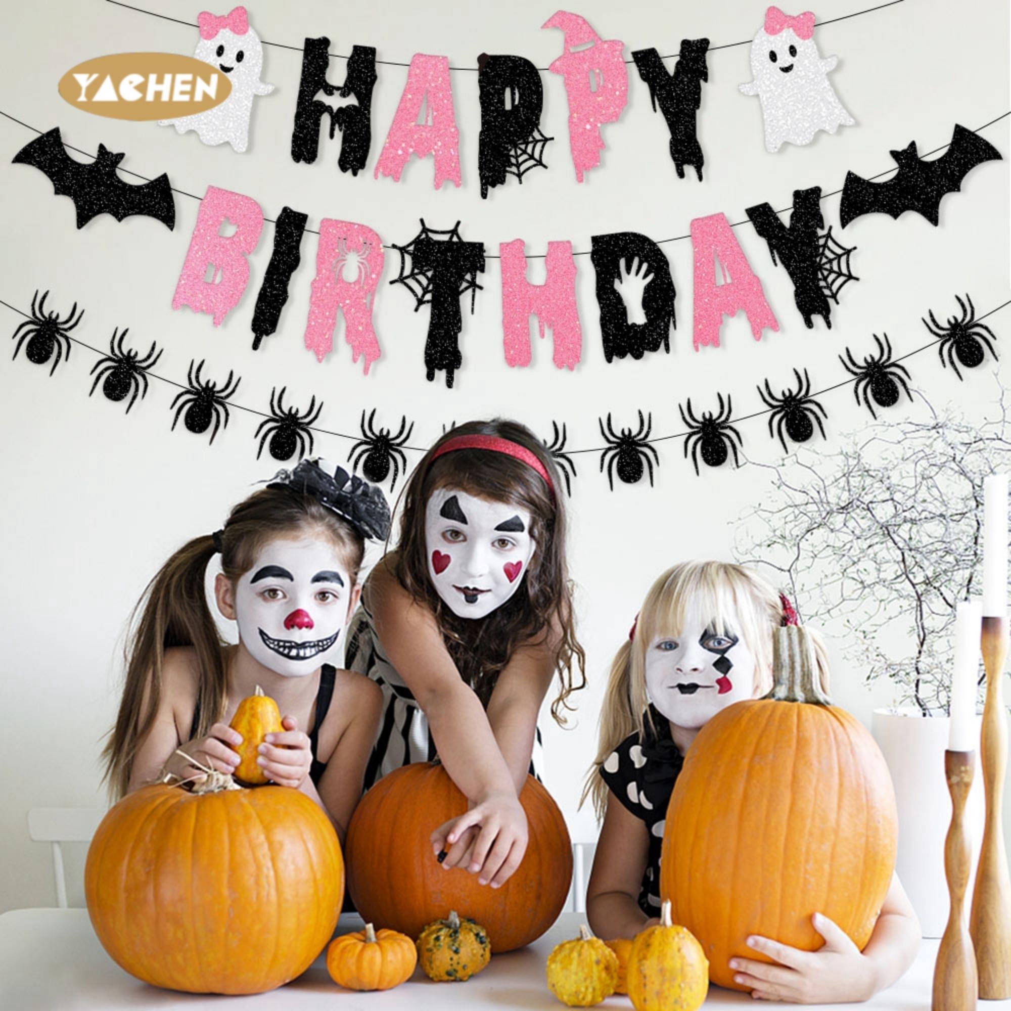 Yachen new arrival halloween theme birthday party decoration supplies pink black glitter happy birthday banner spider garland