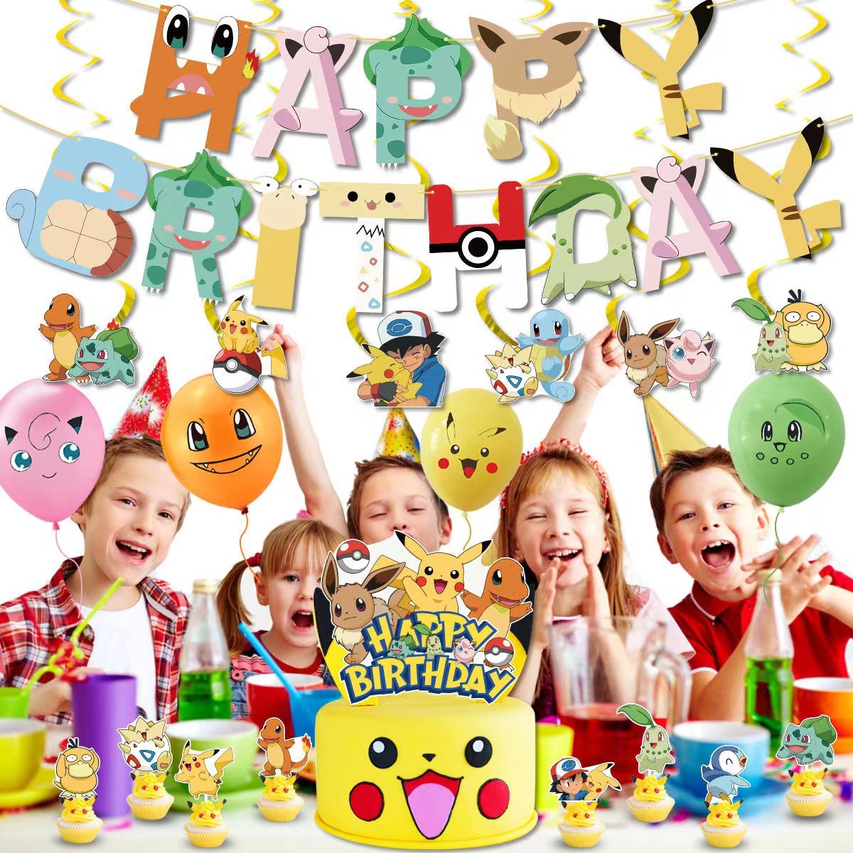 Cartoon character theme birthday party decoration letter flag cake insert cake topper balloon background cloth set supplies