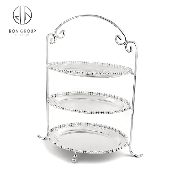 wholesale hotel restaurant snack display stands party decoration round plate buffet beaded stainless steel silver cake stand