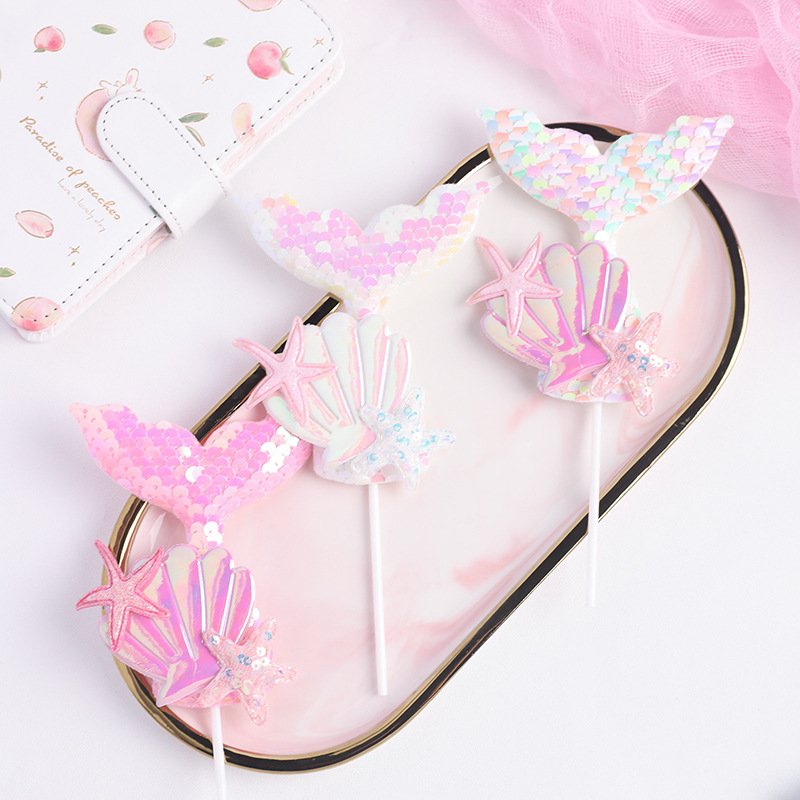 Cake Topper Decoration for Baby Shower Birthday Party Cartoon Color Sequin Shell Mermaid Tail Marine theme