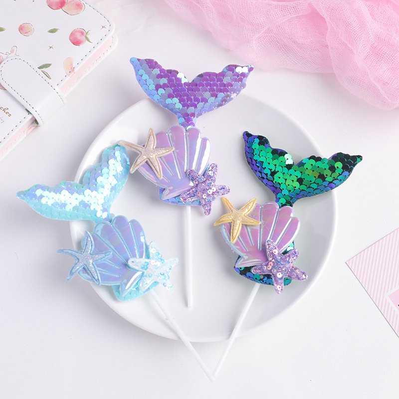 Cake Topper Decoration for Baby Shower Birthday Party Cartoon Color Sequin Shell Mermaid Tail Marine theme