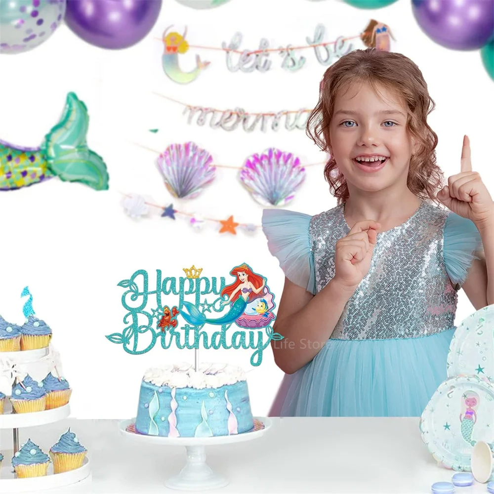 The Little Mermaid Cake Toppers Cartoon Princess Cake Flag Decor Baby Shower Girls Birthday Party Cake Decorations