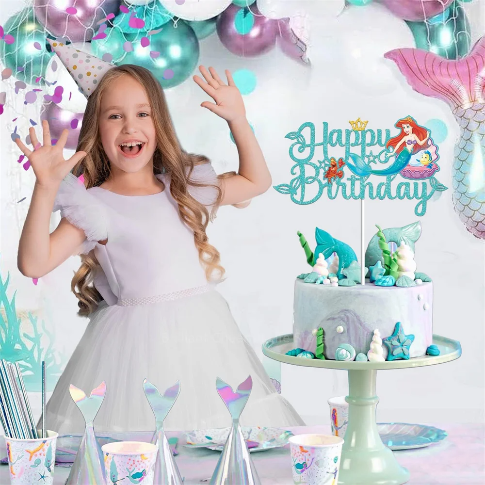 The Little Mermaid Cake Toppers Cartoon Princess Cake Flag Decor Baby Shower Girls Birthday Party Cake Decorations