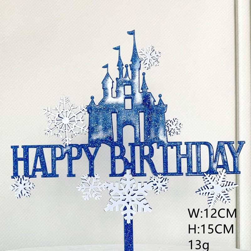High Quality Baked Cake Decoration Happy Birthday Snowflake Castle Cake Plug-in Double Acrylic Cake Decoration