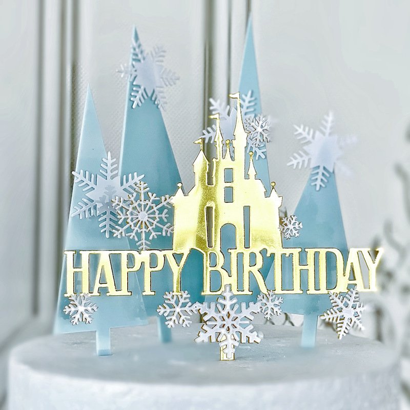 High Quality Baked Cake Decoration Happy Birthday Snowflake Castle Cake Plug-in Double Acrylic Cake Decoration