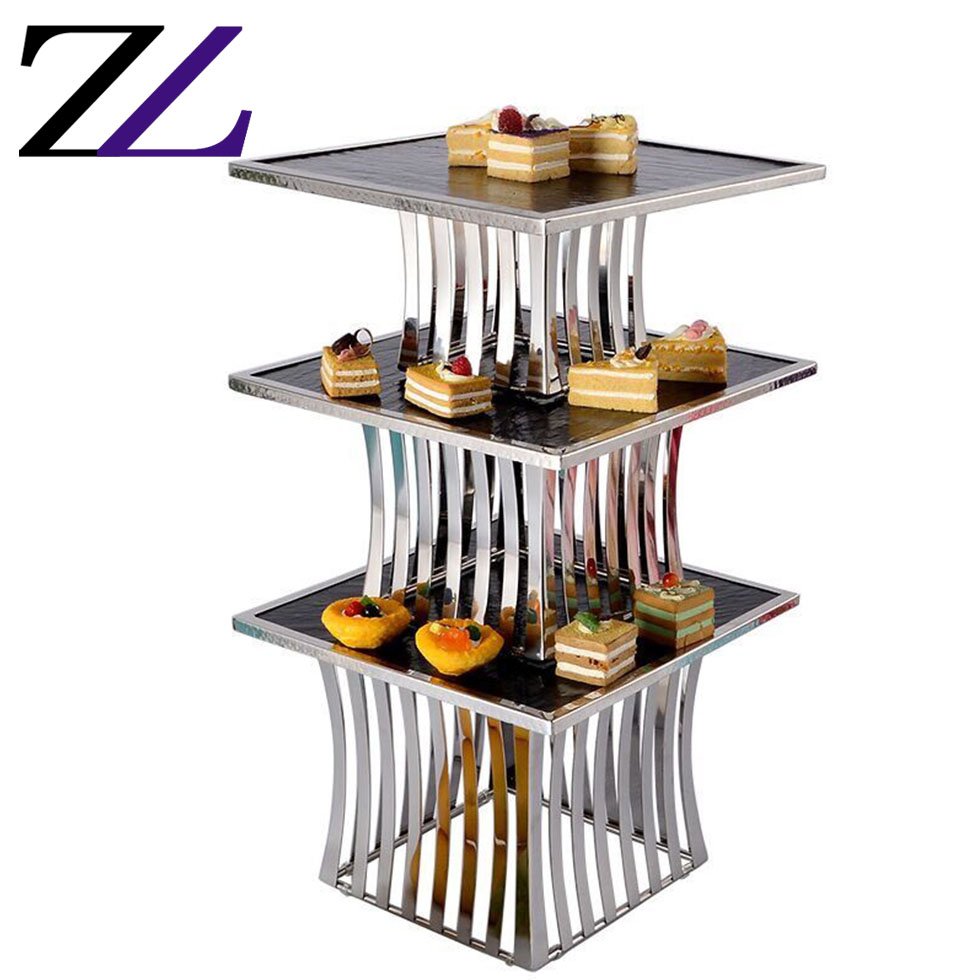 Golden stainless steel buffet decoration black dessert cupcake plates stand set afternoon high tea tools square cake stand