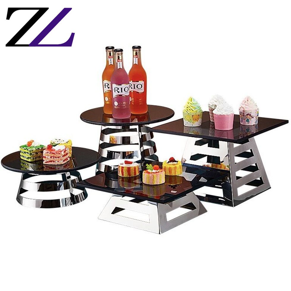 Golden stainless steel buffet decoration black dessert cupcake plates stand set afternoon high tea tools square cake stand