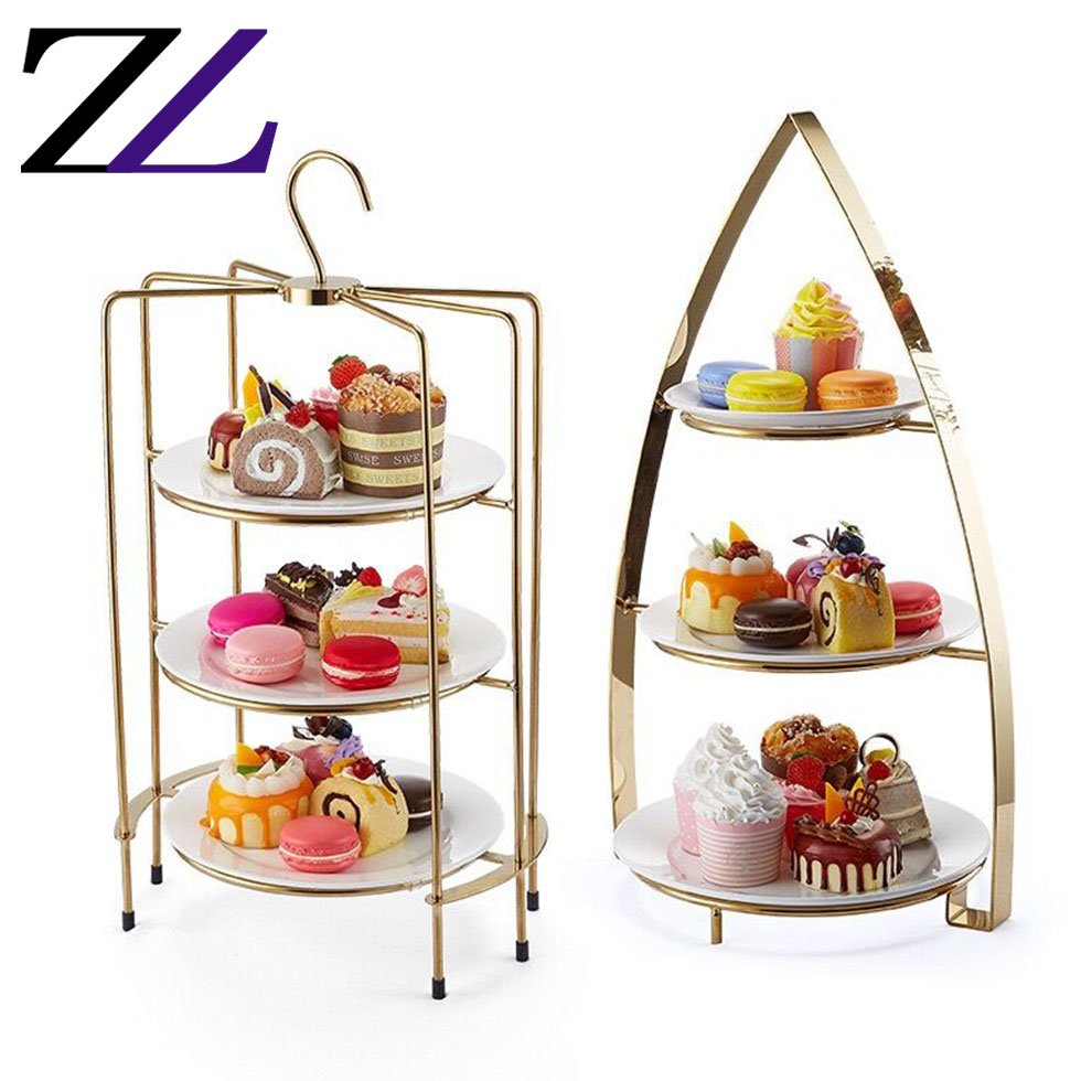 Golden stainless steel buffet decoration black dessert cupcake plates stand set afternoon high tea tools square cake stand