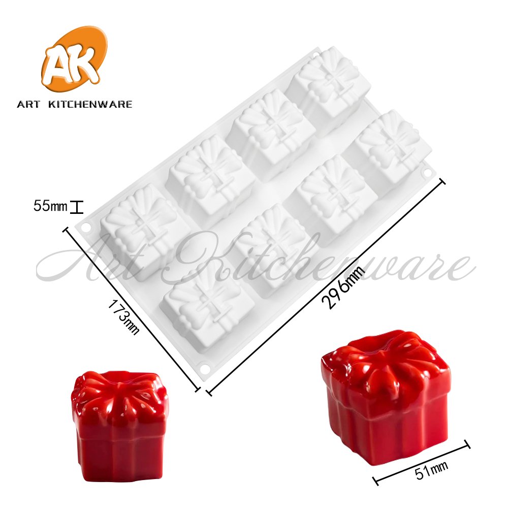 AK 8 Cavity Gift Box 3D Chocolate Mousse Silicone Cake Mold for Handmade Candles Resin Soap Ice Cream Silicon Mold for Christmas