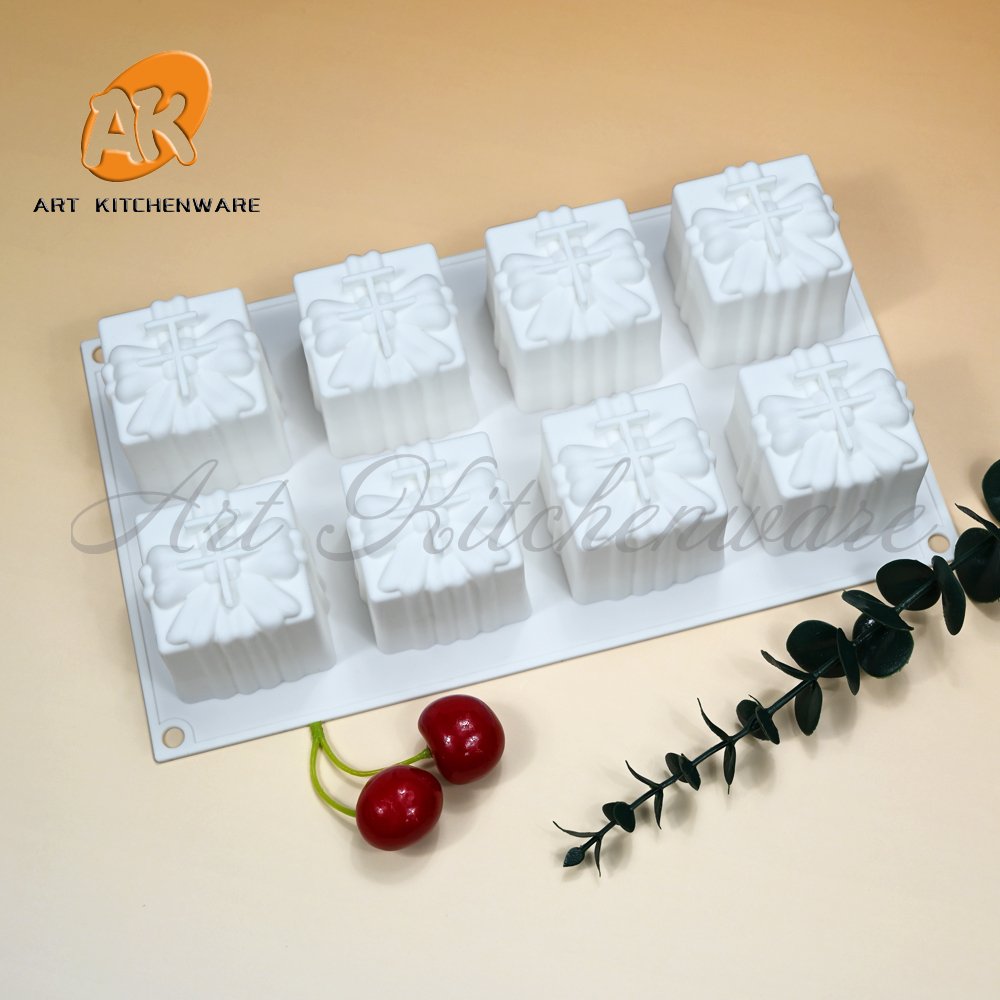 AK 8 Cavity Gift Box 3D Chocolate Mousse Silicone Cake Mold for Handmade Candles Resin Soap Ice Cream Silicon Mold for Christmas