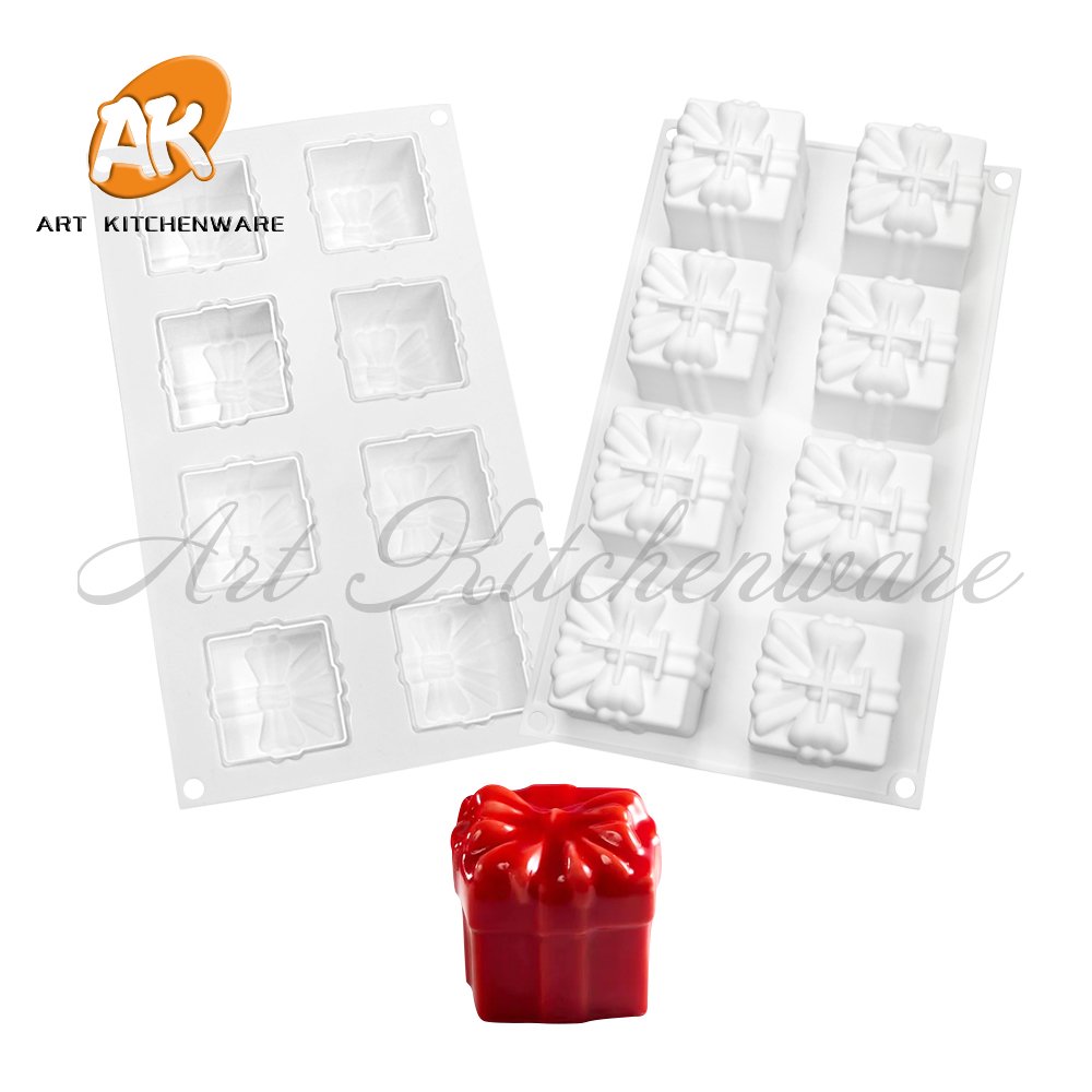 AK 8 Cavity Gift Box 3D Chocolate Mousse Silicone Cake Mold for Handmade Candles Resin Soap Ice Cream Silicon Mold for Christmas