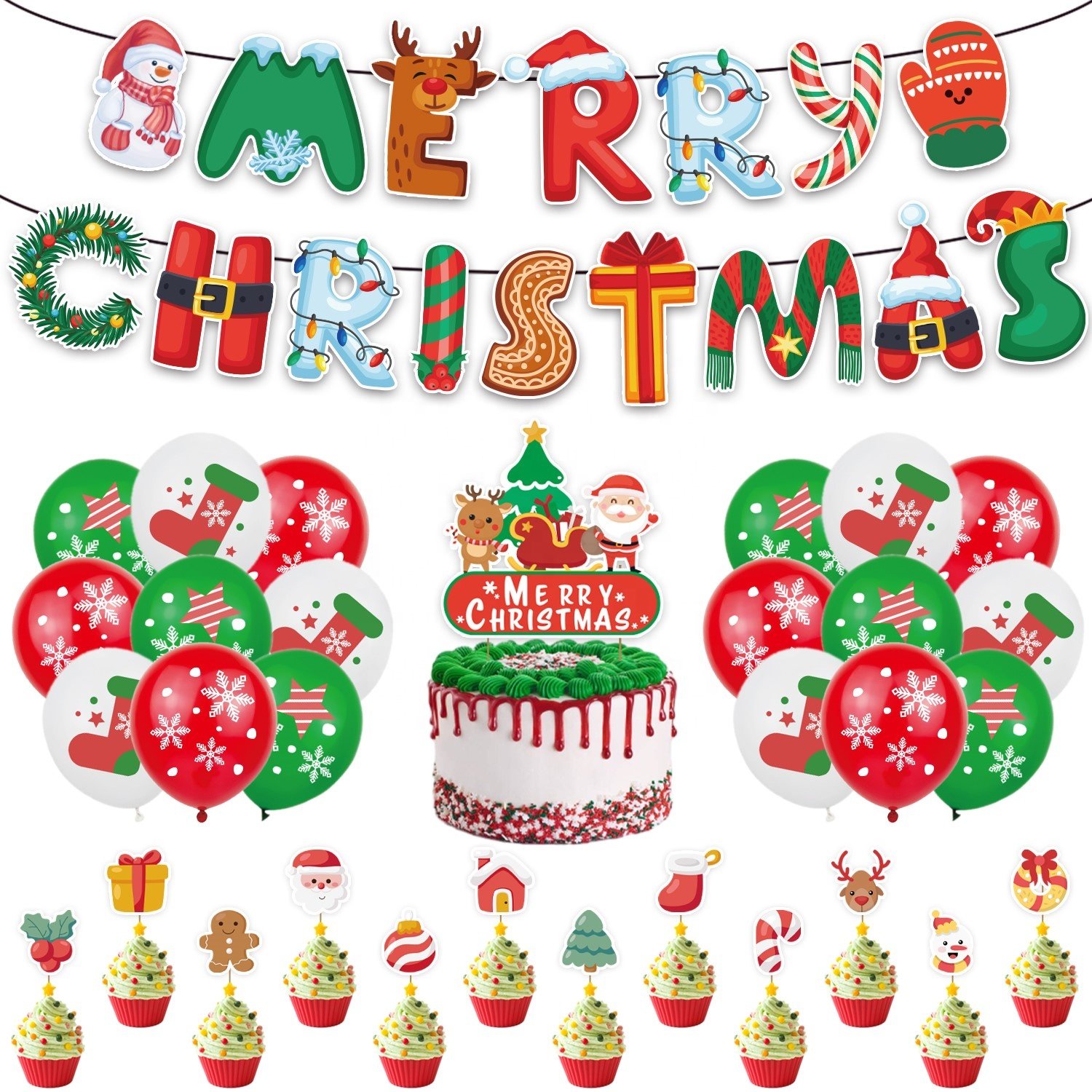2024 Merry Christmas Cartoon Theme Party Happy Birthday Balloon Cake Resp Banner Flag For New Year Party Decoration