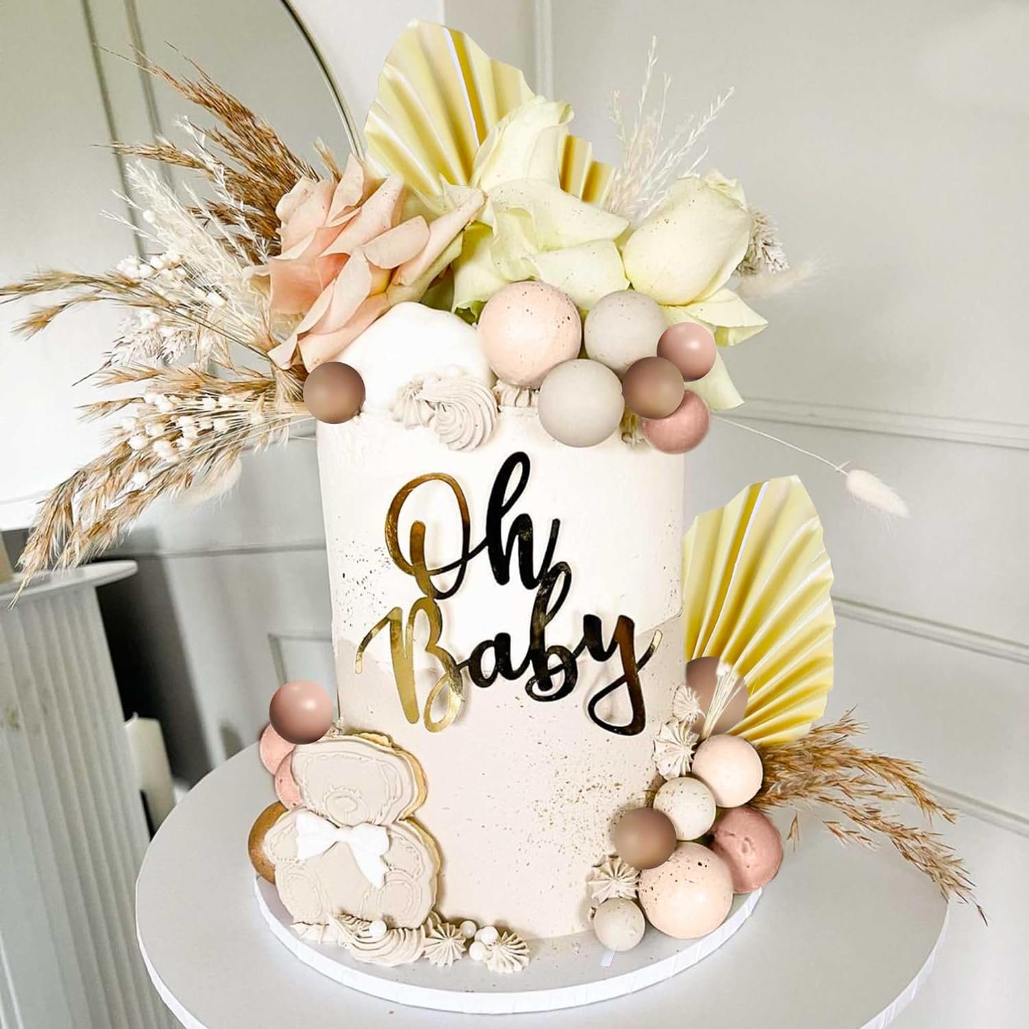 Boho Balls Cake Decorations Gold Balls Cake Topper Boho Palm Leaves for Birthday Party Supplies