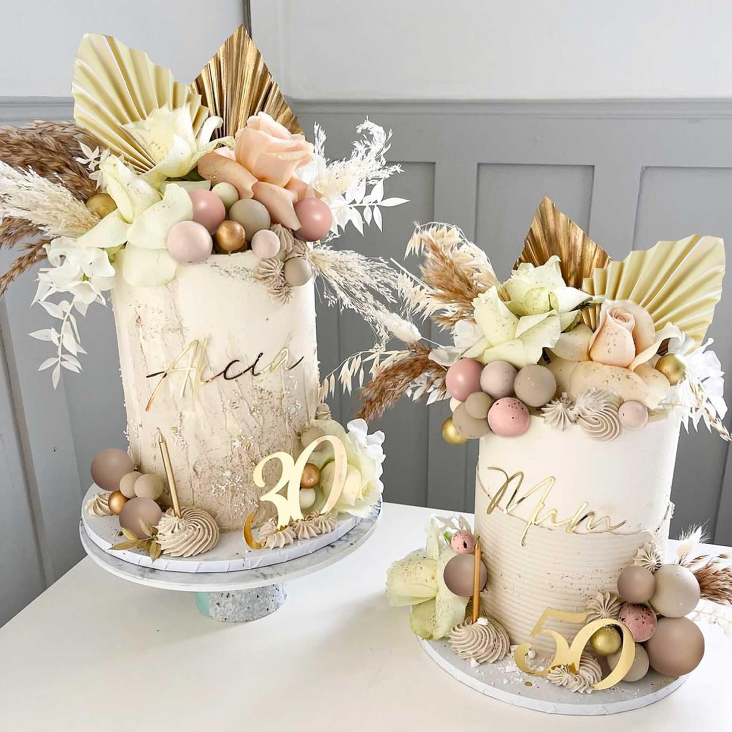Boho Balls Cake Decorations Gold Balls Cake Topper Boho Palm Leaves for Birthday Party Supplies