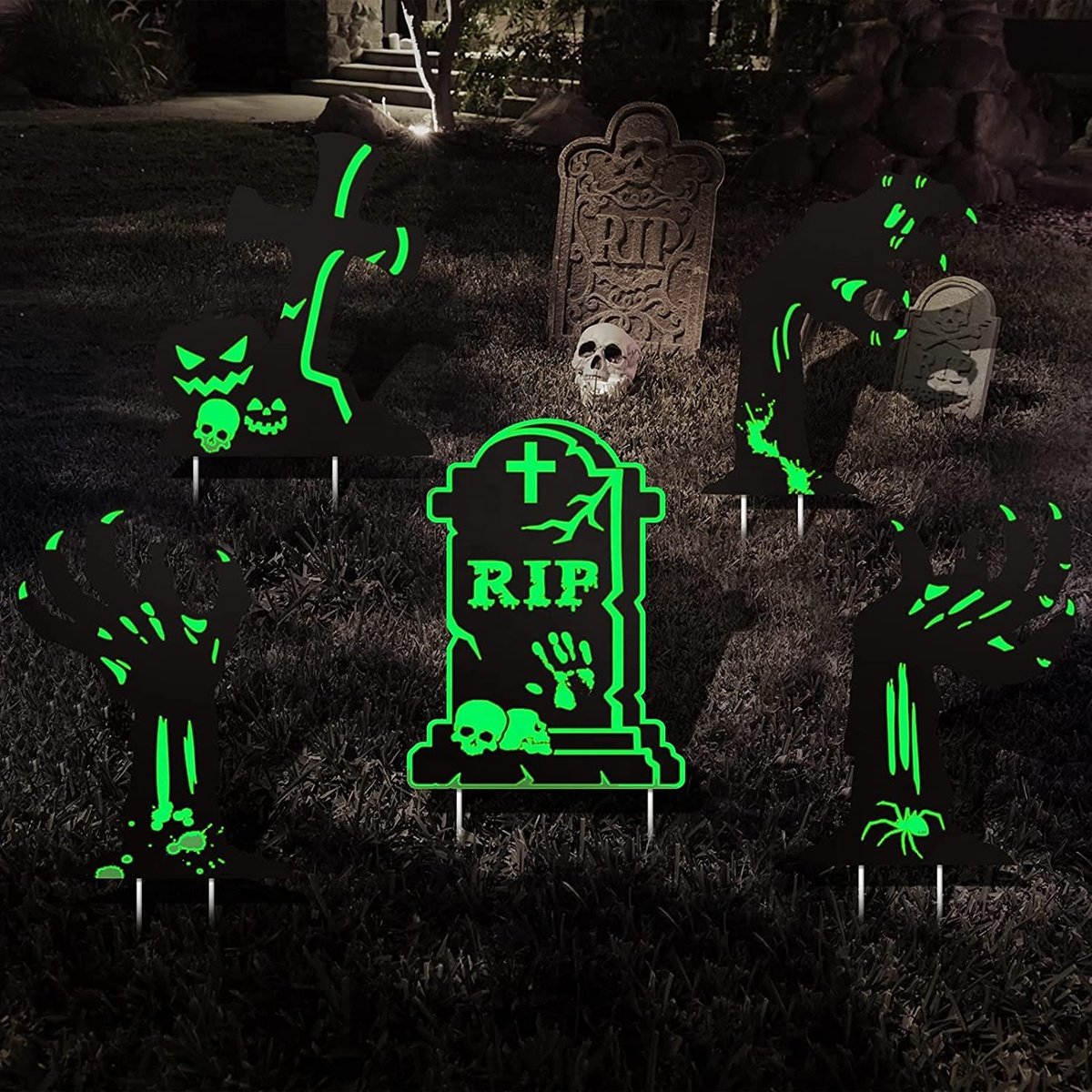 Halloween Tombstone Law Yard Signs Decor Glow in the Dark Skeleton Pumpkin Spooky Cat Ghost Outdoor for Graveyard Haunted House