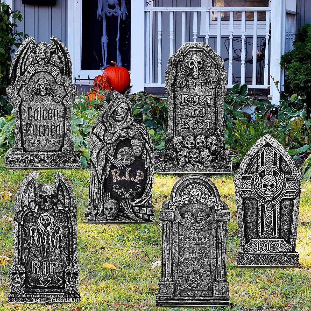 Halloween Tombstone Law Yard Signs Decor Glow in the Dark Skeleton Pumpkin Spooky Cat Ghost Outdoor for Graveyard Haunted House