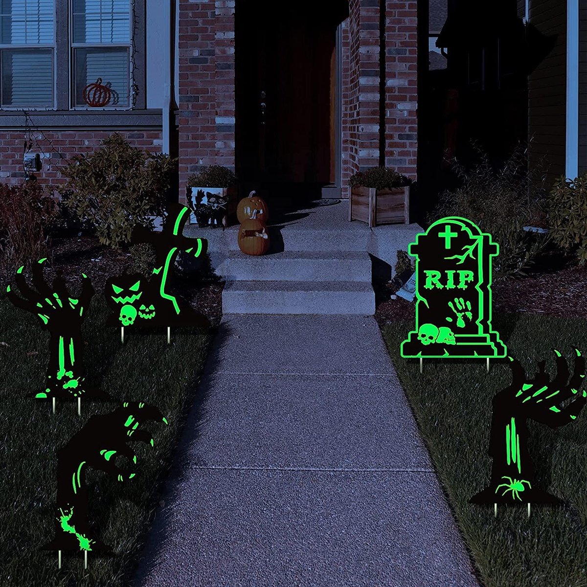 Halloween Tombstone Law Yard Signs Decor Glow in the Dark Skeleton Pumpkin Spooky Cat Ghost Outdoor for Graveyard Haunted House