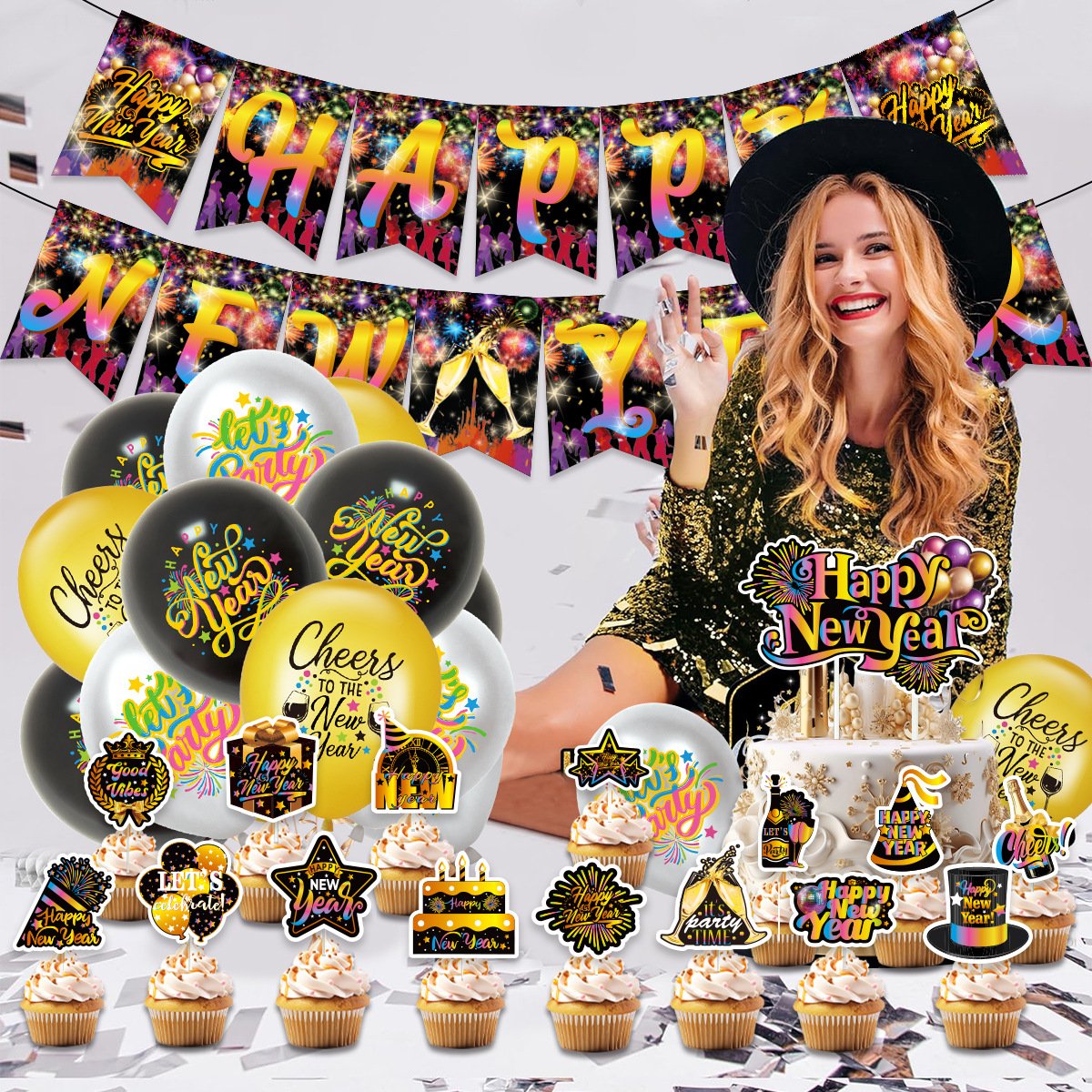 2025 New Year Party Set Colorful Happy New Year Flag Cake Plaque Aluminum Film Balloon New Year Party Supplies