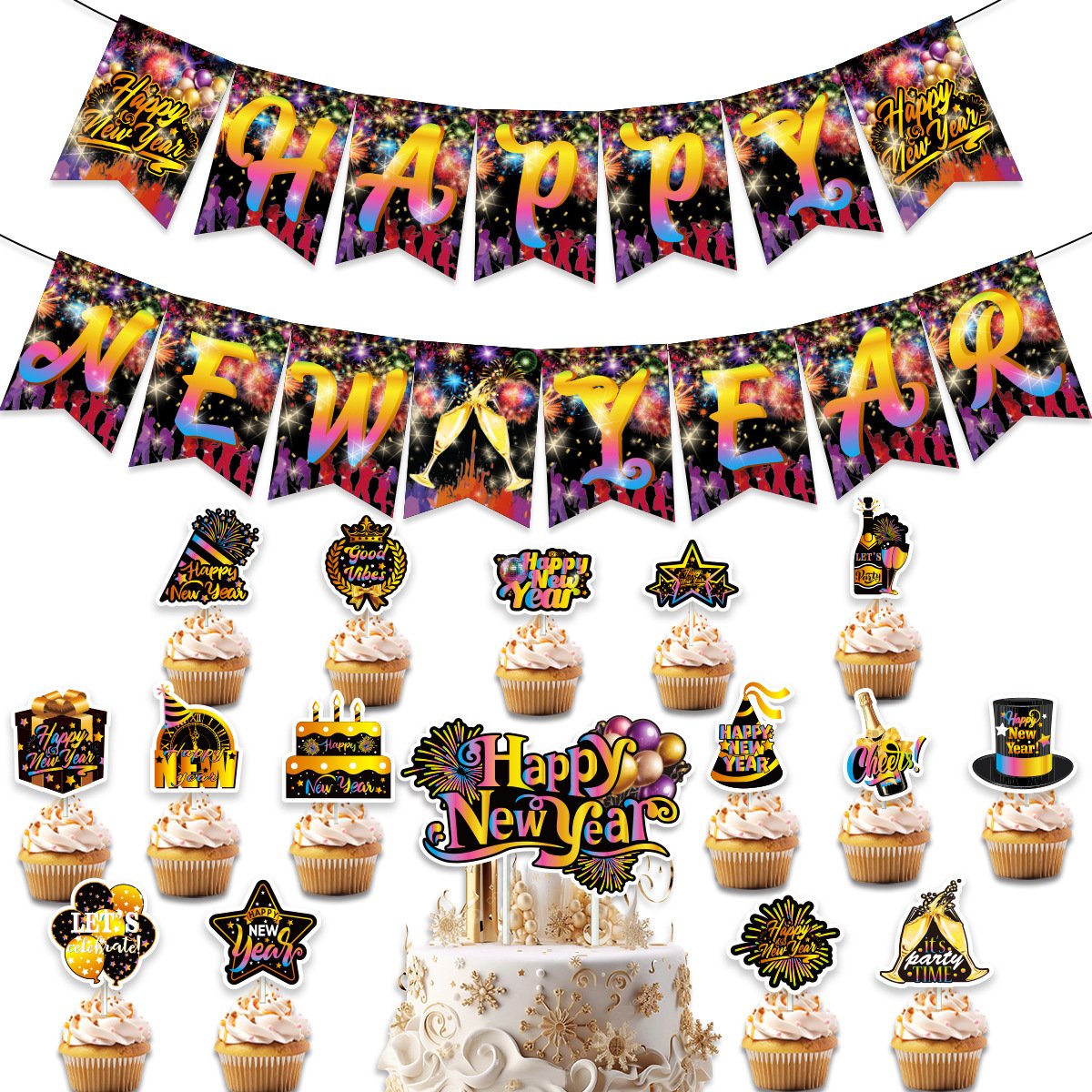 2025 New Year Party Set Colorful Happy New Year Flag Cake Plaque Aluminum Film Balloon New Year Party Supplies