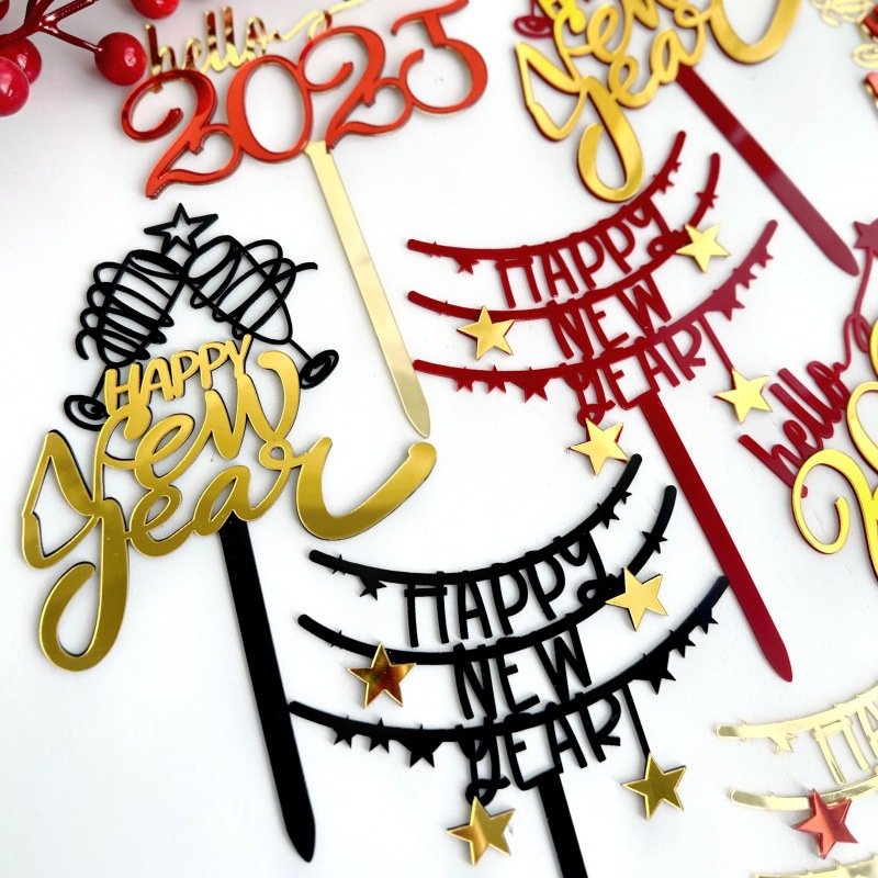 Hello 2025 Happy New Year Double layers Acrylic Cake Toppers New Year Party Supplies Decorations