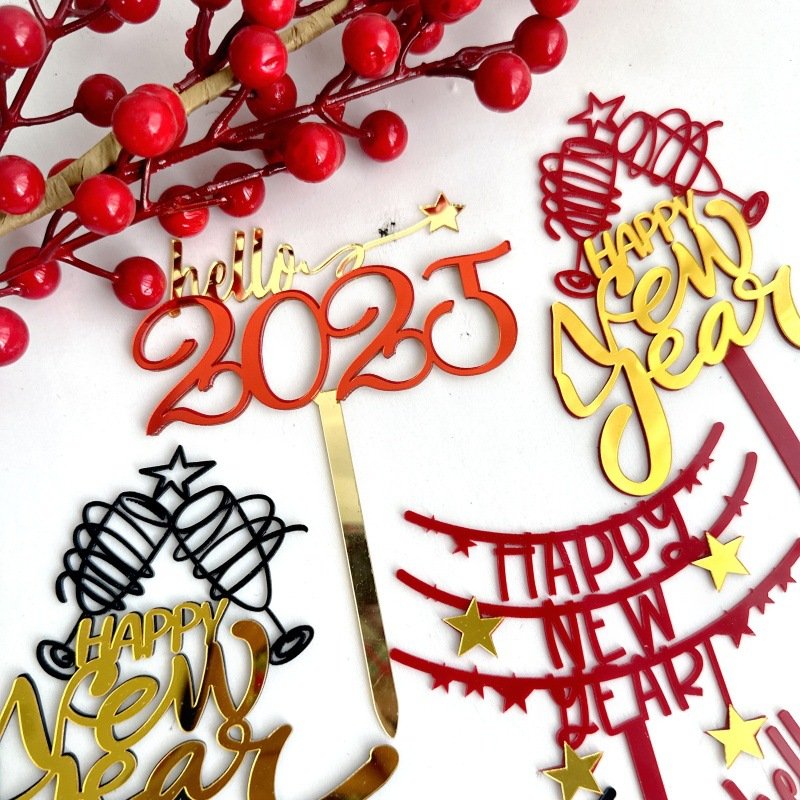 Hello 2025 Happy New Year Double layers Acrylic Cake Toppers New Year Party Supplies Decorations
