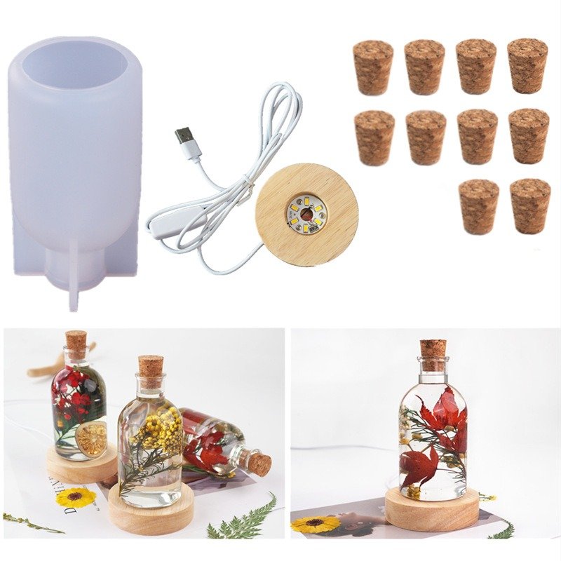 Lamp Shade Resin Mold with 10PCS Wooden Stoppers Creative Bottle Shape Silicone Molds Flower Home Decor Gift Art Craft Supplies