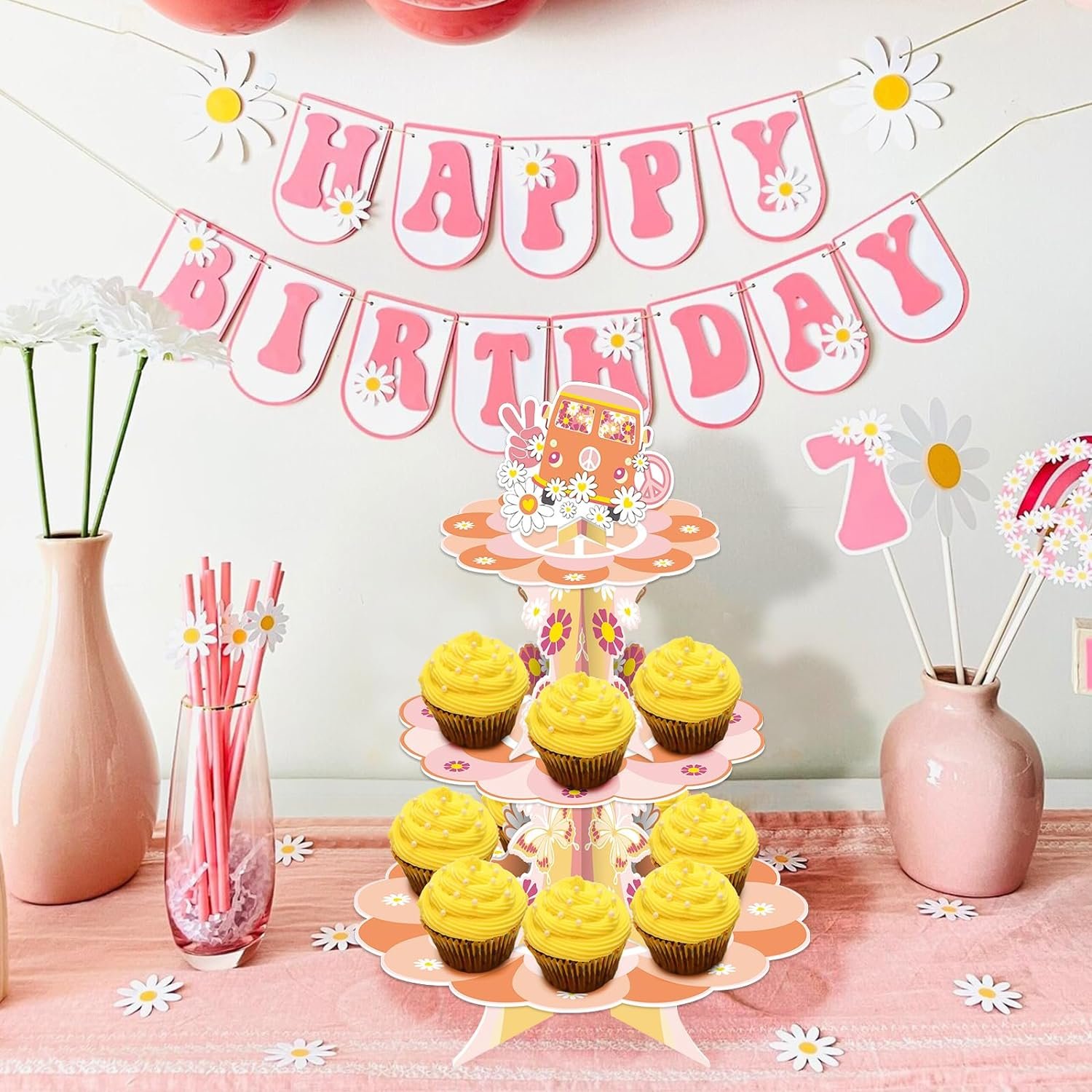 Retro Hippie Boho Daisy Flower Rainbow Cake Stand Groovy Party Cupcake Stand for Girl Birthday Holiday Party Supplies