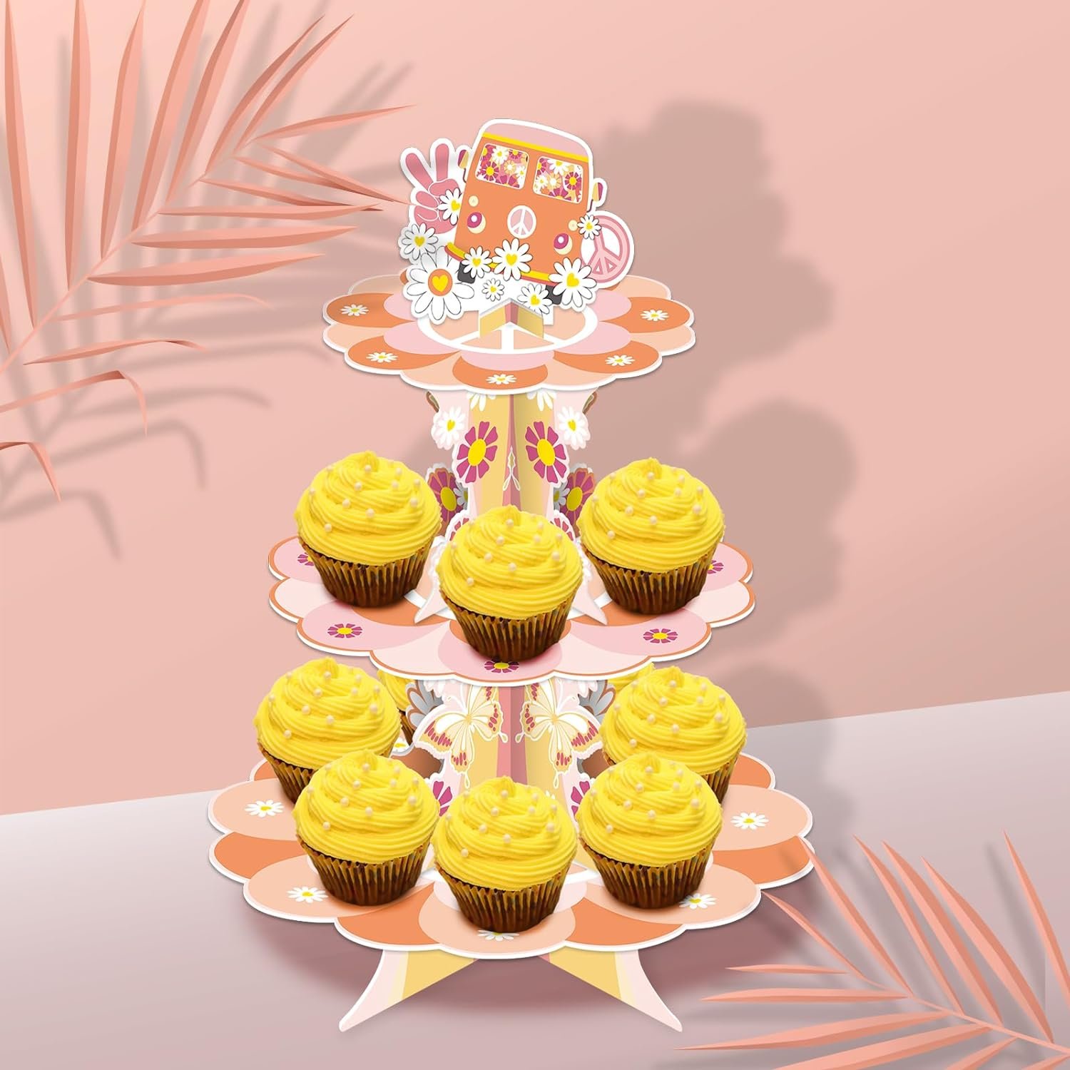 Retro Hippie Boho Daisy Flower Rainbow Cake Stand Groovy Party Cupcake Stand for Girl Birthday Holiday Party Supplies