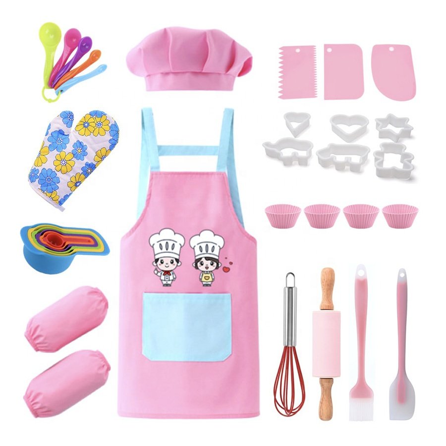2023 NEW ARRIVAL Kids Baking tool Set 24Pcs Customizable Kid Apron Set with Kids Chef Hat Oven Mitt
