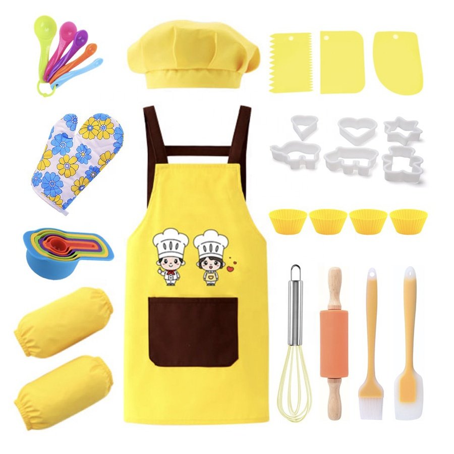 2023 NEW ARRIVAL Kids Baking tool Set 24Pcs Customizable Kid Apron Set with Kids Chef Hat Oven Mitt