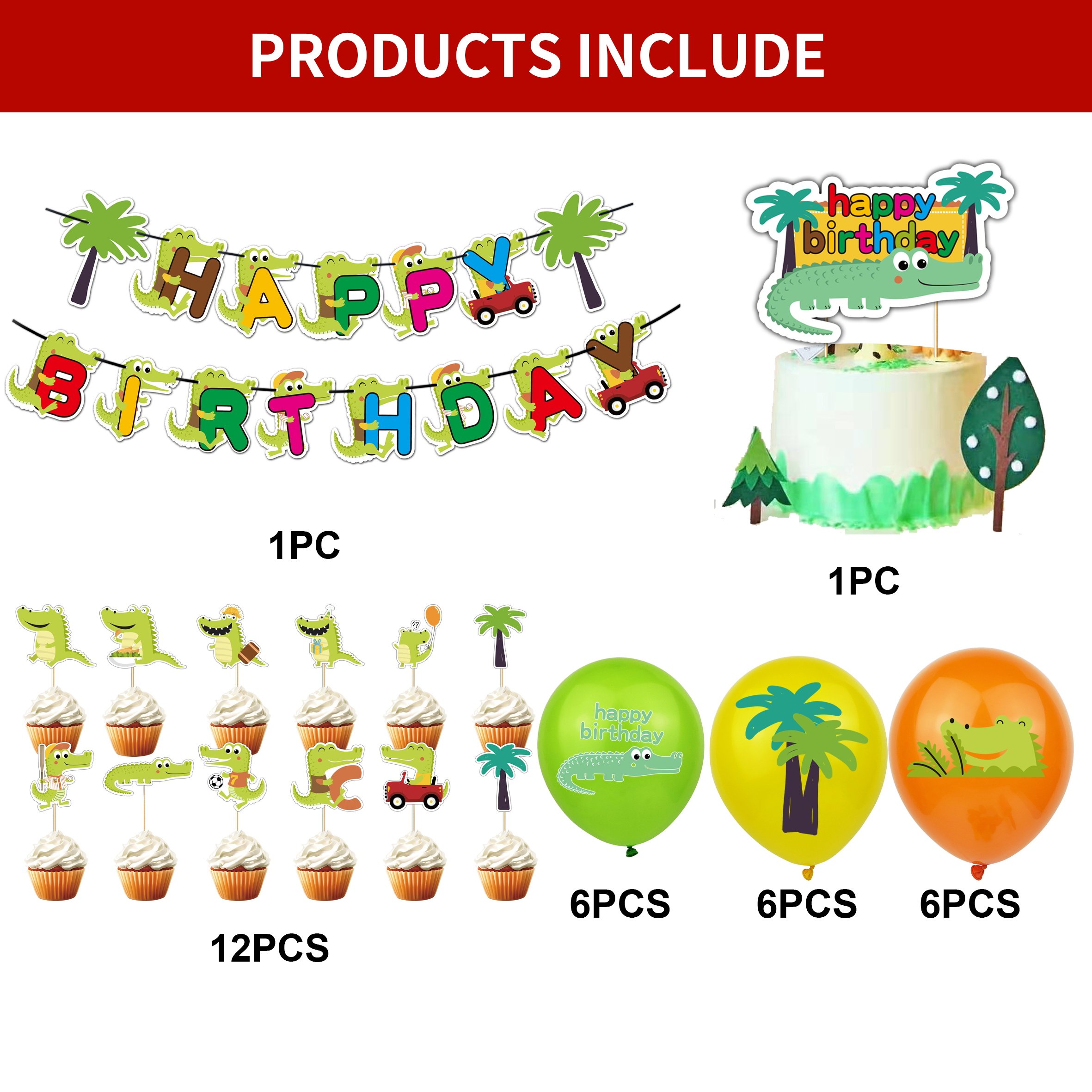 32pcs Crocodile Birthday Party Decoration For Kids, Including Happy Birthday Banner, Balloons, Cake Topper and Cupcake Toppers