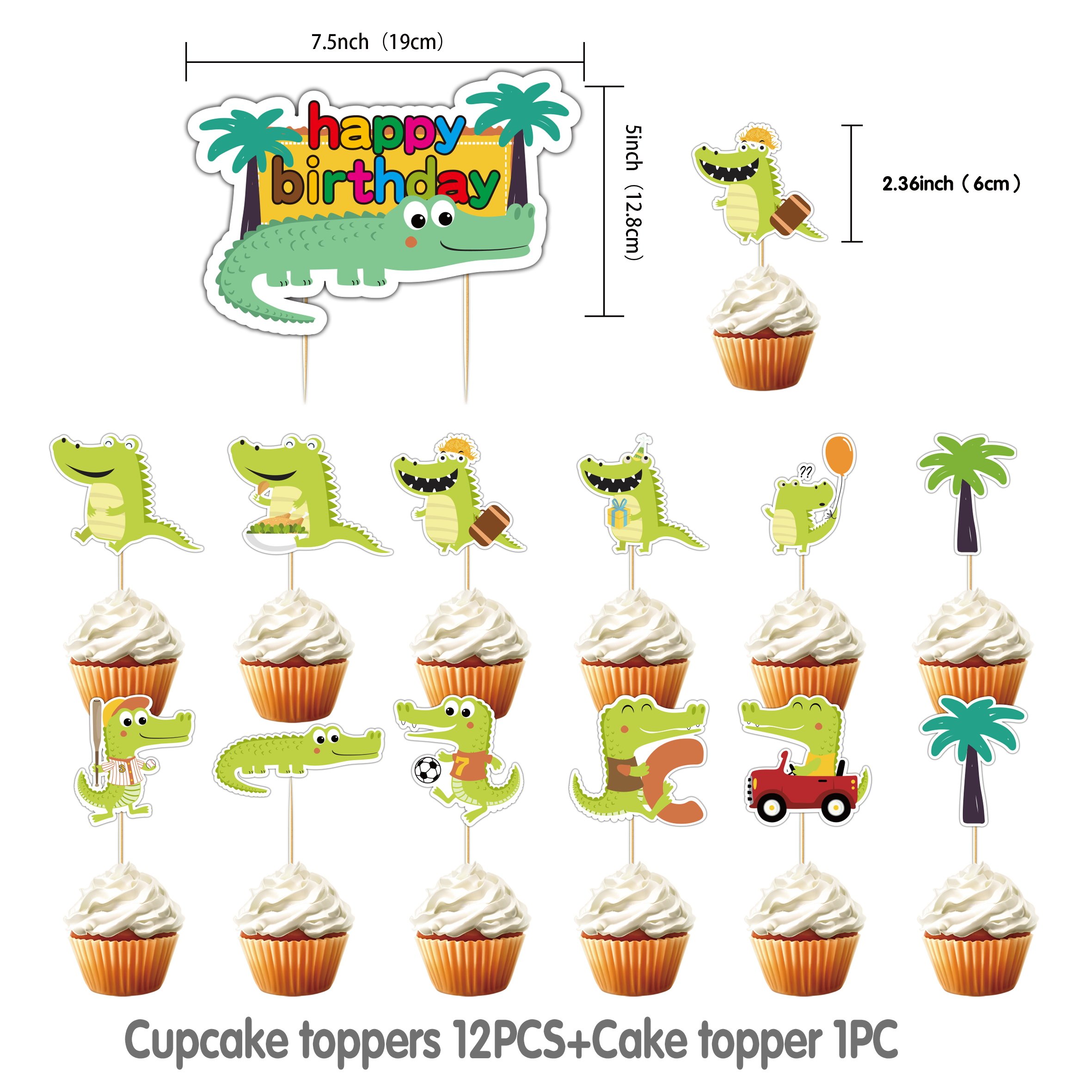 32pcs Crocodile Birthday Party Decoration For Kids, Including Happy Birthday Banner, Balloons, Cake Topper and Cupcake Toppers