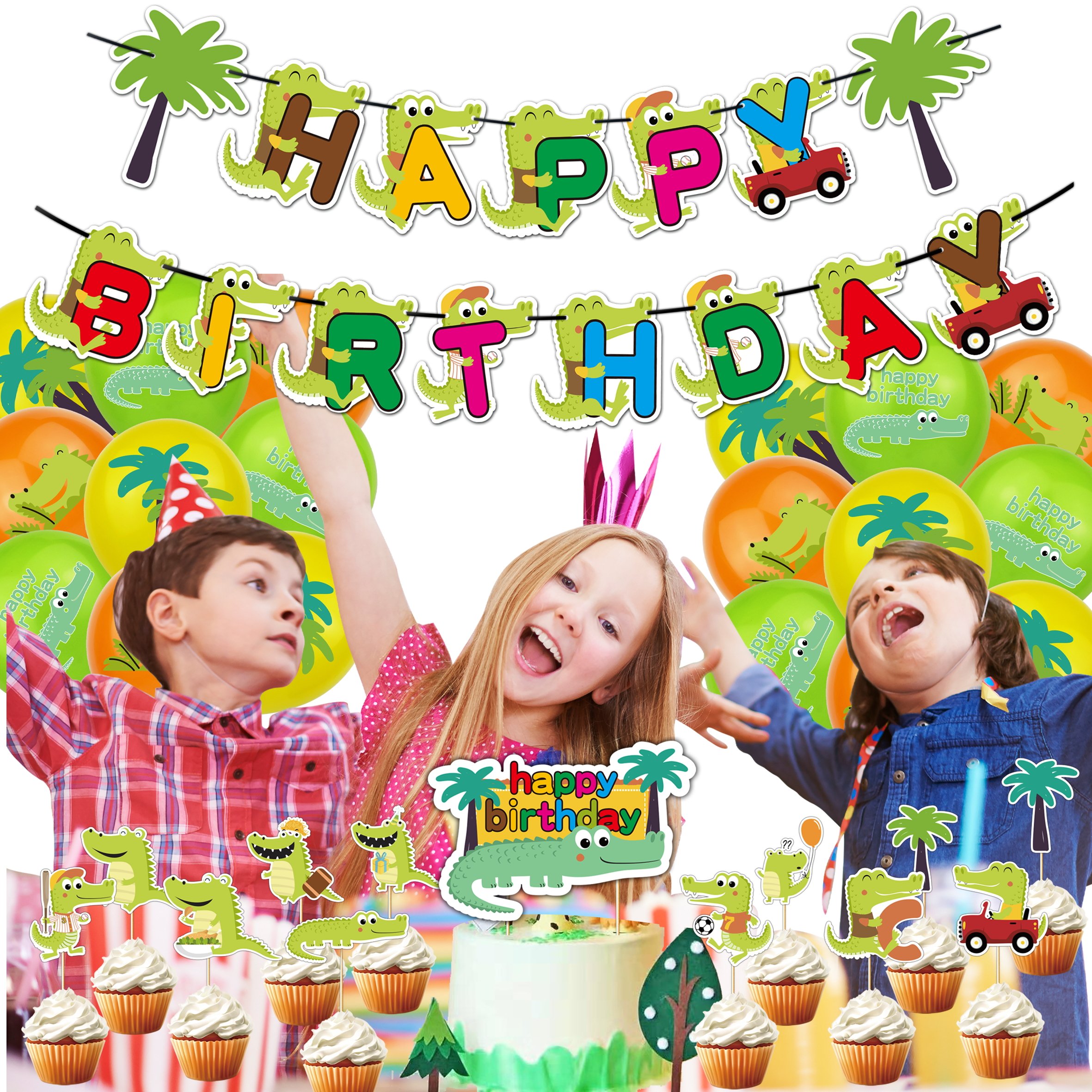 32pcs Crocodile Birthday Party Decoration For Kids, Including Happy Birthday Banner, Balloons, Cake Topper and Cupcake Toppers