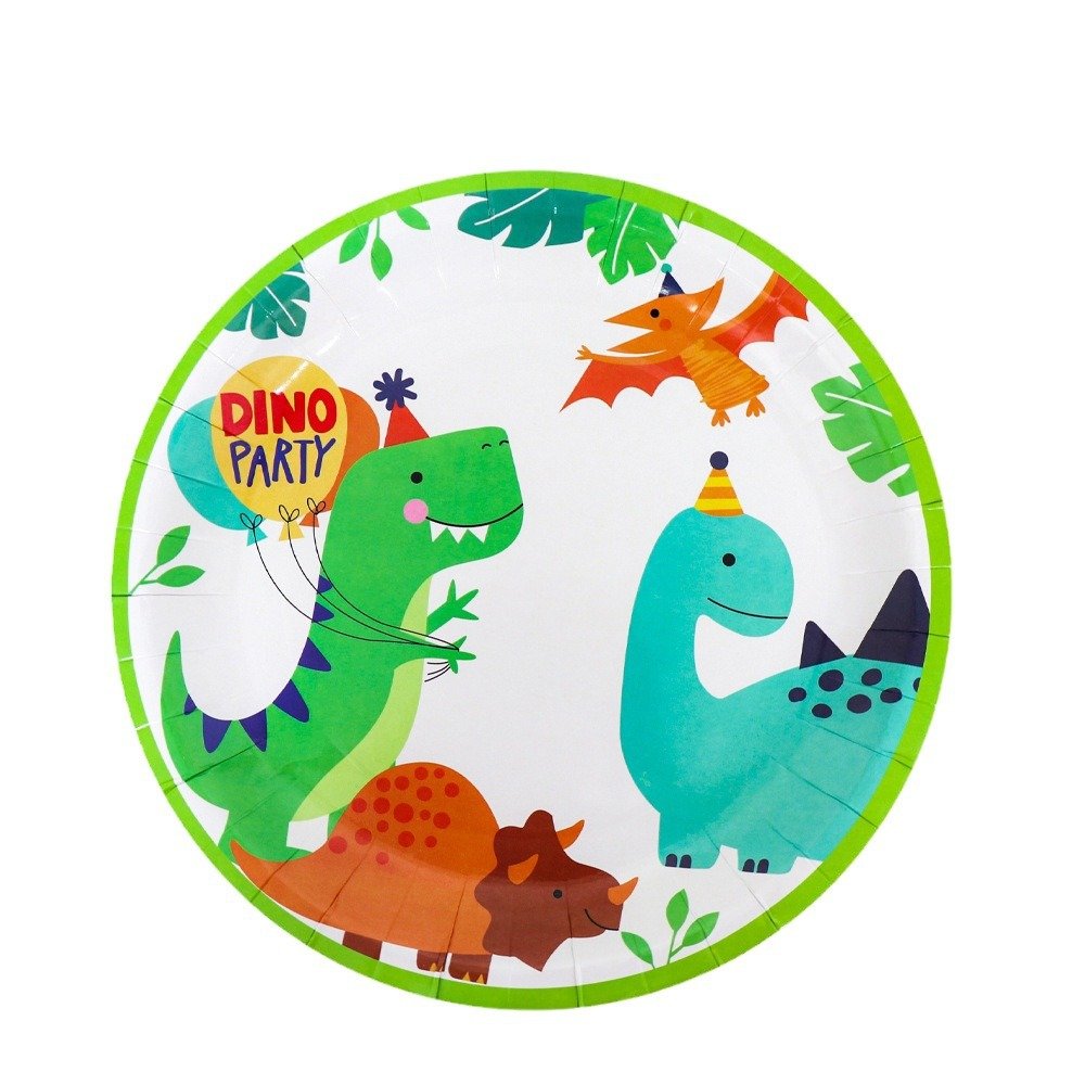 Ychon hot sale green cartoon dinosaur theme birthday party plate sets dinosaur banners for children kids boys birthday gifts