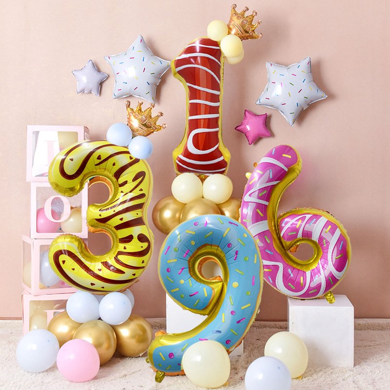 Birthday Party Decor Supplies Sweet Number Balloon 32inch Number Donuts Cake Dessert Print Figure Foil Balloons