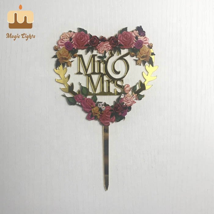 UV Color Printing Silver Acrylic Birthday Cake Topper With Flower Cake Decoration