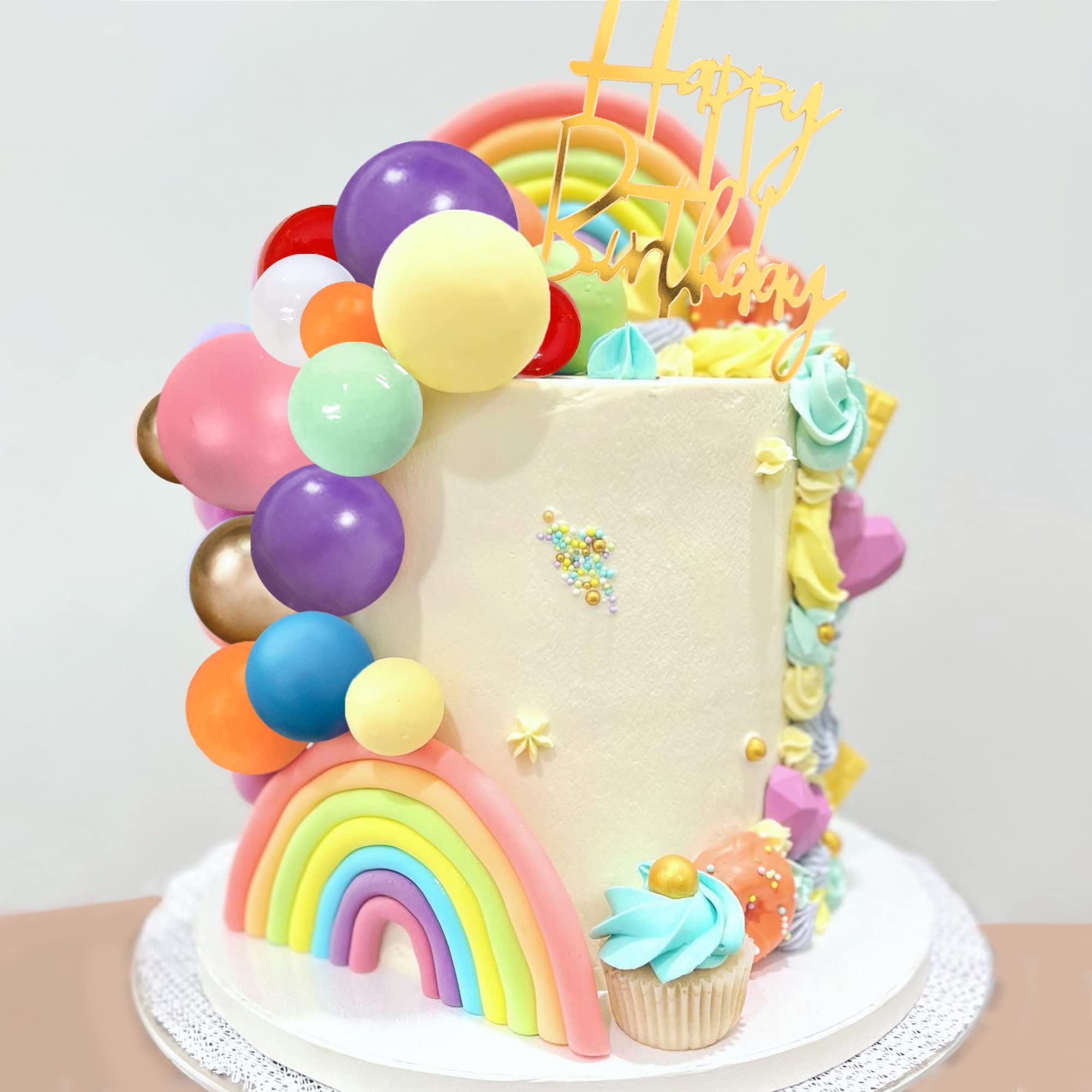 Rainbow Cake Topper Colorful Balls Cake Decorations Happy Birthday Cake Topper for Wedding Baby Shower Birthday Party Supplies