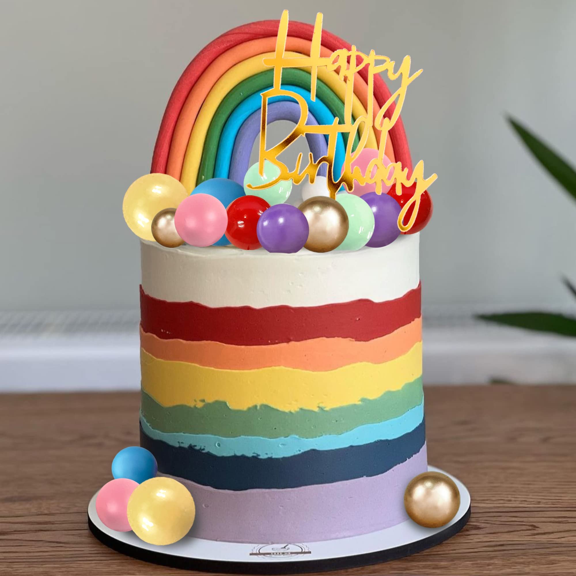 Rainbow Cake Topper Colorful Balls Cake Decorations Happy Birthday Cake Topper for Wedding Baby Shower Birthday Party Supplies