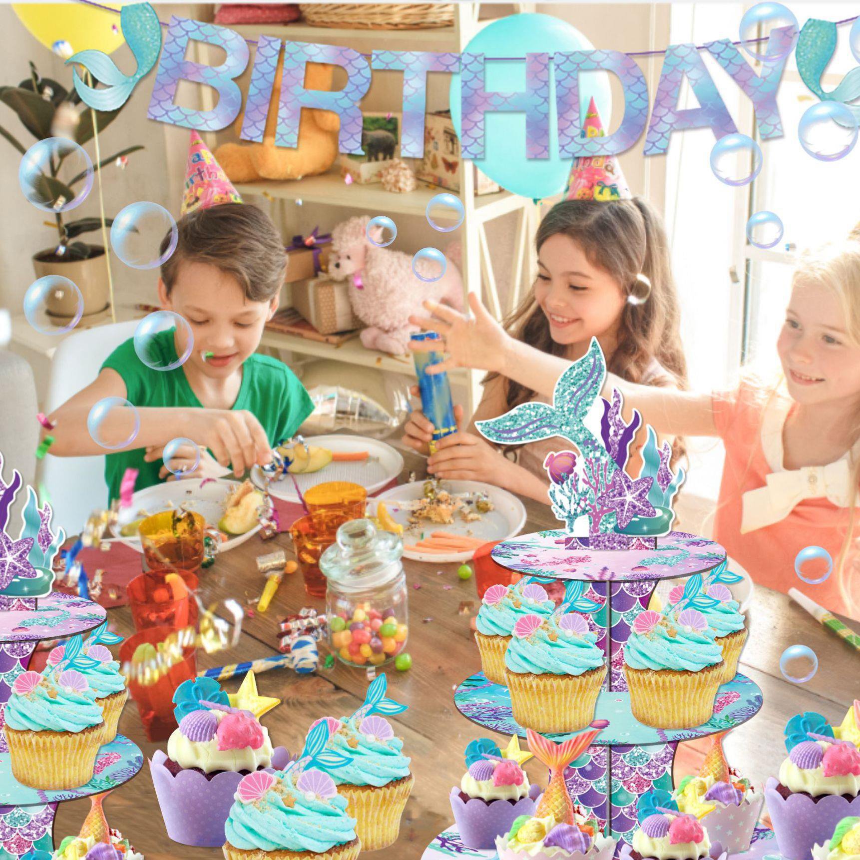 Dazzling Ocean Mermaid Fish Tail Birthday Party Disposable Three Layer Cake Stand Self-installed Supply Dessert Tray for Wedding